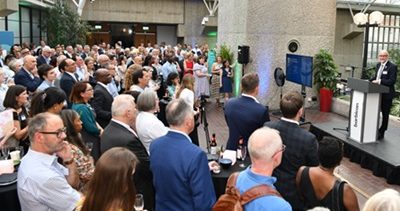 Ashley Wheaton delivers speech at University of the Built Environment launch party at the Barbican Centre