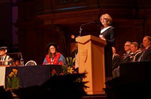 Liz Peace CBE speaking at the University of the Built Environment Winter Graduation 2026