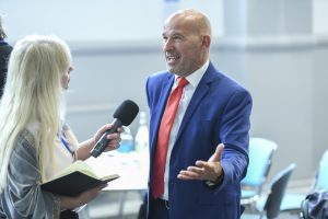 Mark Farmer, chair of BEFA, speaking to Linda Serck from the University of the Built Environment