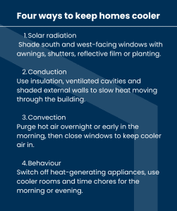 Why Britain’s homes and high streets need a heatwave rethink - Four ways to keep homes cool - University of the Built Environment. Four ways to keep homes cooler

Solar radiation
 Shade south and west-facing windows with    awnings, shutters, reflective film or planting.

Conduction
Use insulation, ventilated cavities and shaded external walls to slow heat moving through the building.

Convection
Purge hot air overnight or early in the morning, then close windows to keep cooler air in.

Behaviour
Switch off heat-generating appliances, use cooler rooms and time chores for the morning or evening.