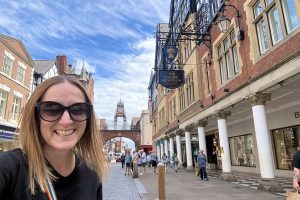Claire Hookham from the University of the Built Environment outside Chester Grosvenor Hotel in Chester