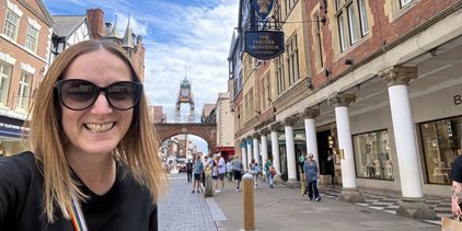 Claire Hookham from the University of the Built Environment outside Chester Grosvenor Hotel in Chester